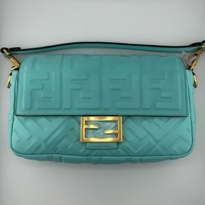Fendi Napa FF 1974 Embossed BaguetteSpringTurquoise gold hardware/matching strap
